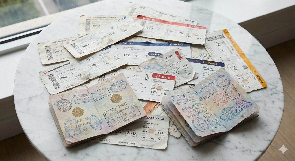 スタンプで埋め尽くされたパスポートと、大量の航空券の半券。元バイヤーとして、そしてK-POPオタクとして世界中を飛び回っていた活動の記録。