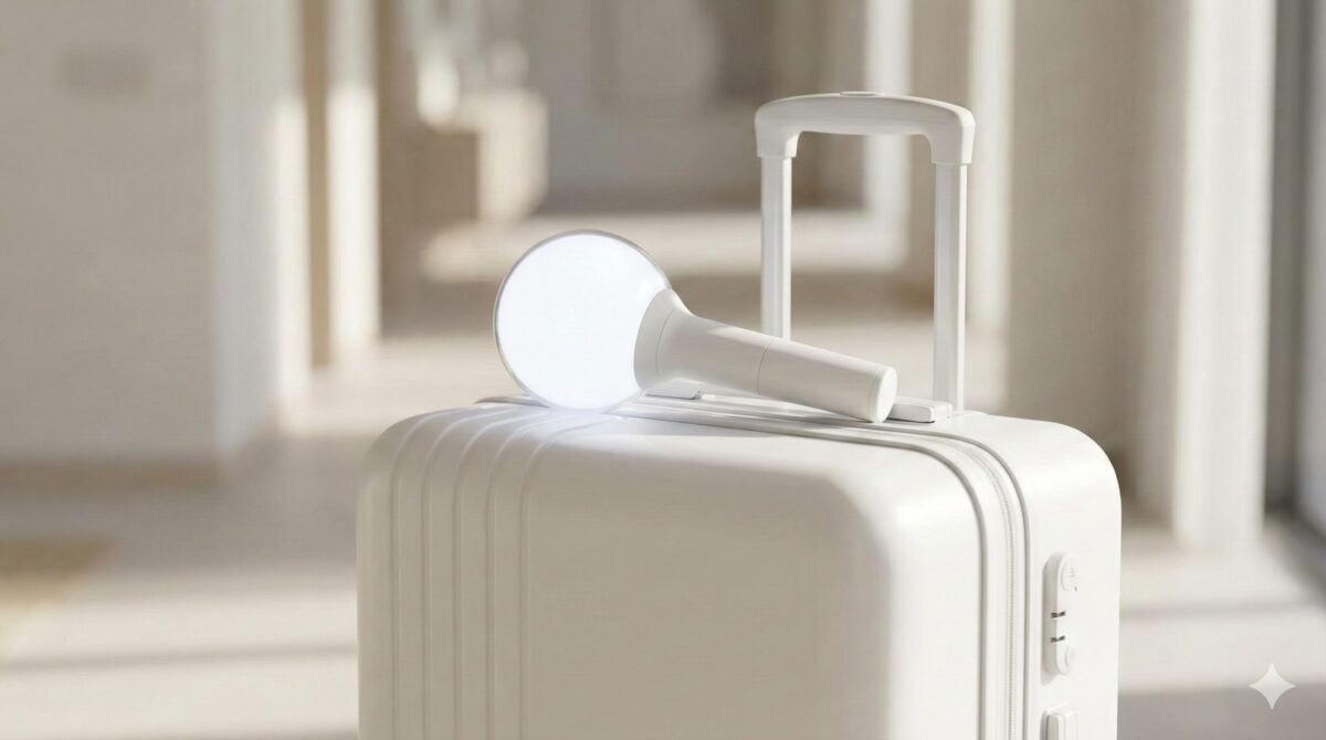 白いスーツケースの上に、K-POPのペンライトが静かに置かれている様子。これまでの推し活の旅路と、新たな出発を象徴する写真。