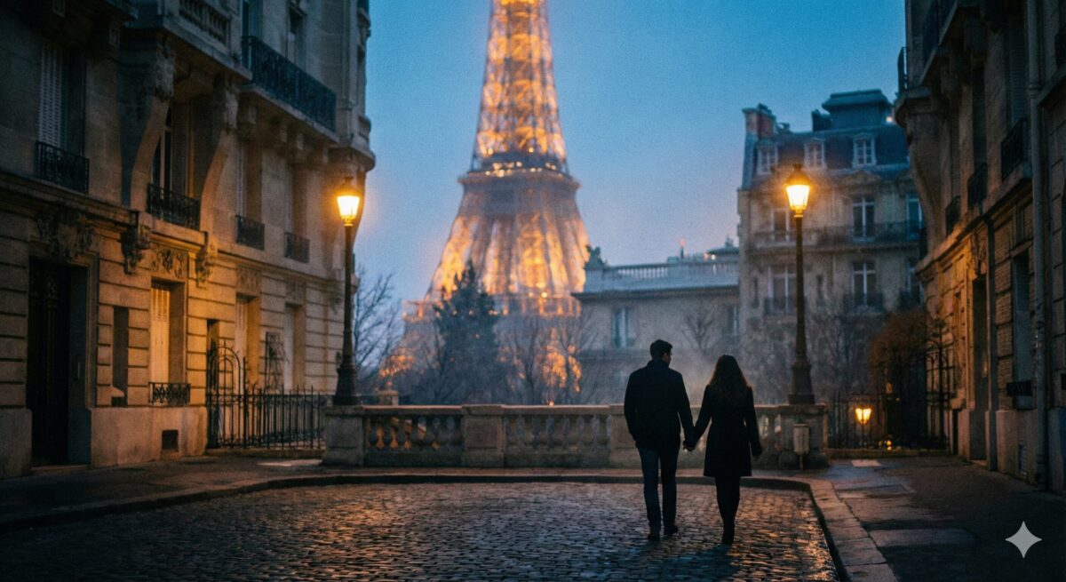 夜のパリ、エッフェル塔を背景に歩く男女の後ろ姿。推しの熱愛報道やプロポーズ疑惑を連想させる、決定的な「冷め」のきっかけとなったイメージ写真。