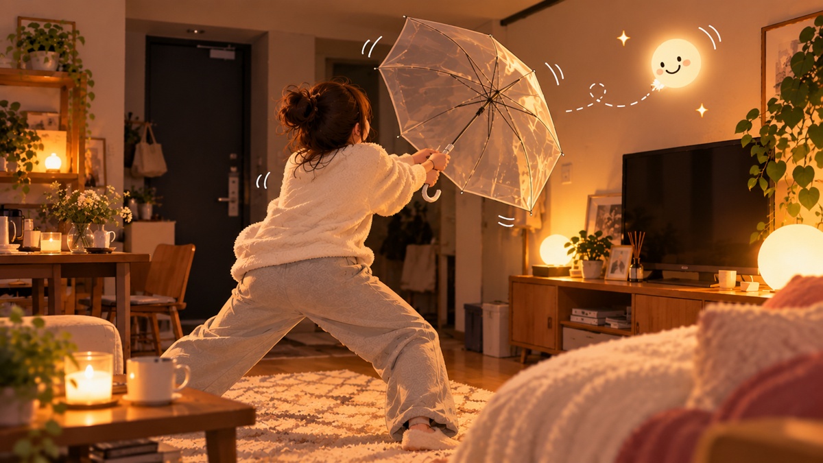 夜の部屋でビニール傘を構えて謎の精霊（とんぼ）と対峙する女性のイラスト